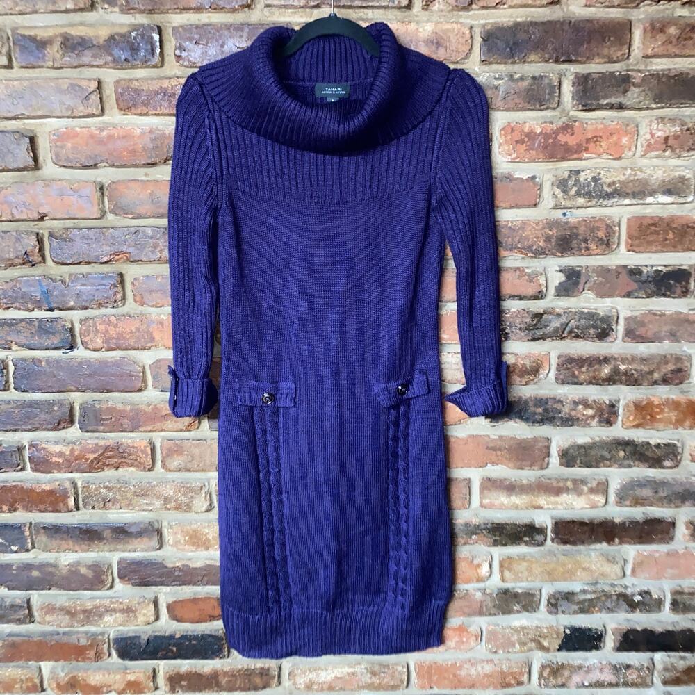 Tahari Arthur S Levine Purple Cable Knit Turtleneck Sweater Dress Women's Small
